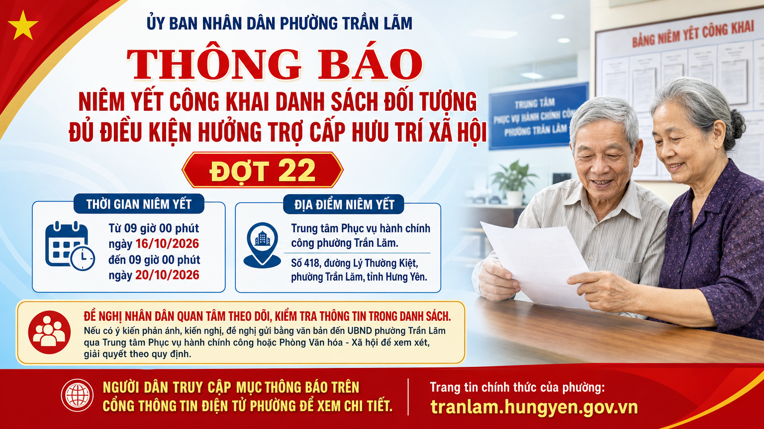 Phường Trần Lãm: Niêm yết công khai danh sách đủ điều kiện hưởng trợ cấp hưu trí xã hội (đợt 22)